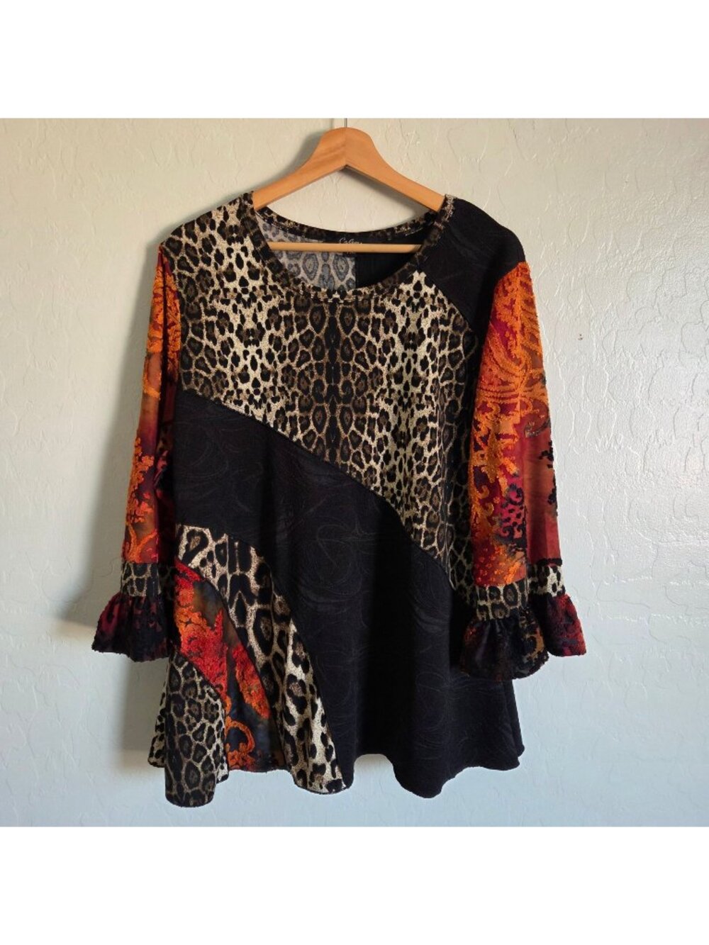 Calessa Mixed-Print Patchwork Burnout Tunic Top Animal Print/Black Sz Petite XL